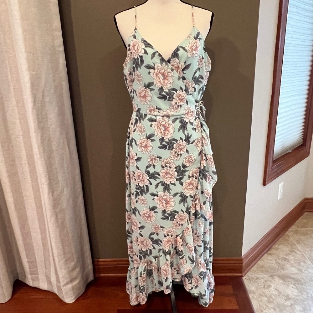 Altar'd State Mint Floral Wrap Midi Dress